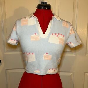 Luna Ivy Short Sleeve Collared Pull Over Knit Sweater Cropped Women’s M/L Cake